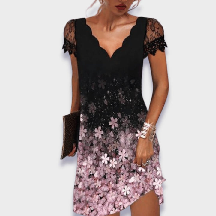 Side profile of the Katherine evening dress showing silhouette and hem detail