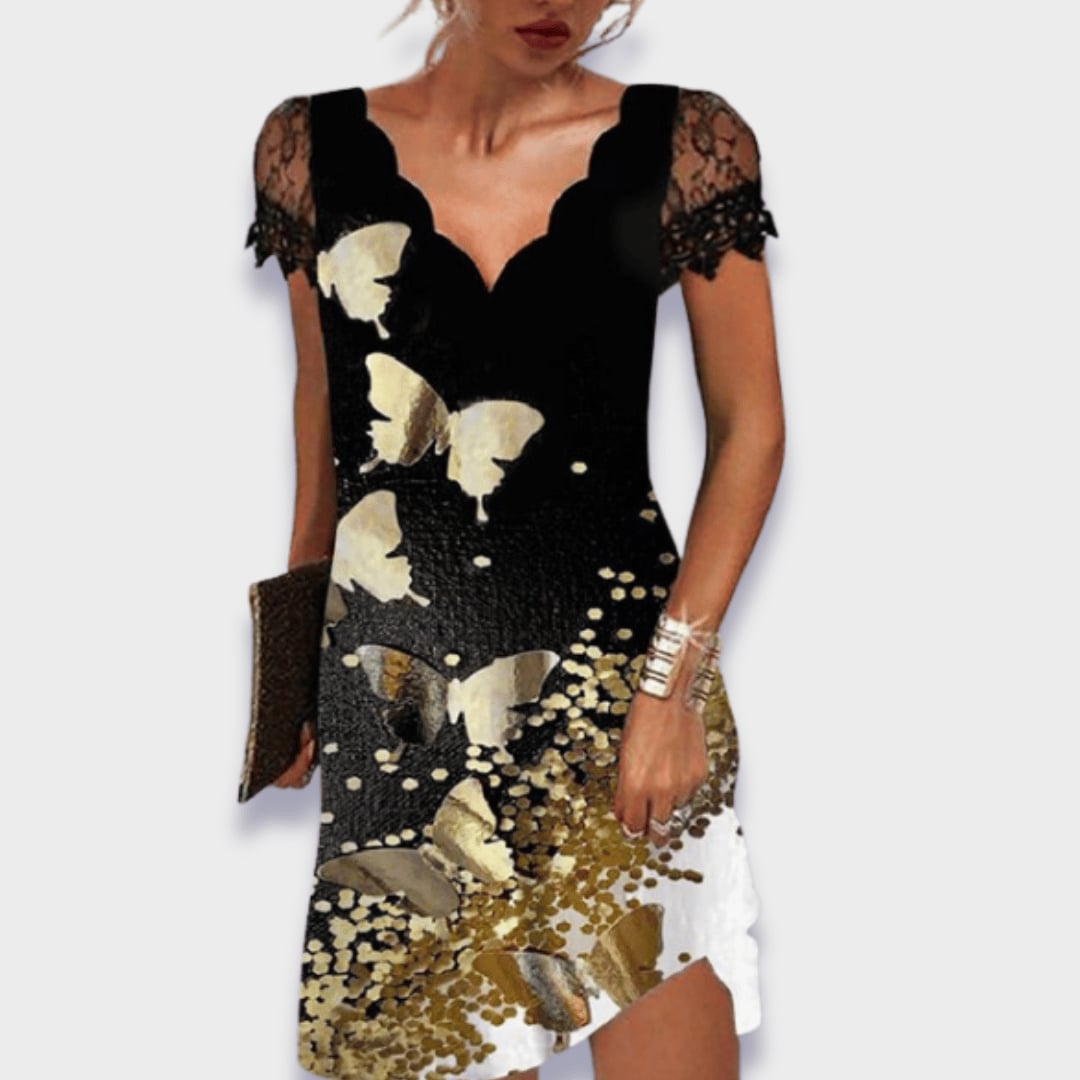 Katherine dress in Black and White showing contrast pattern and elegant cut