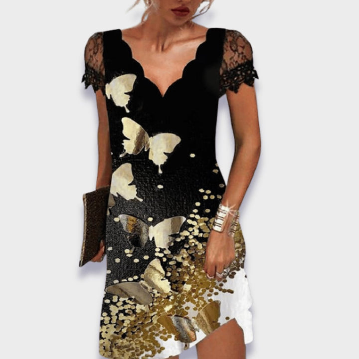 Katherine dress in Black and White showing contrast pattern and elegant cut