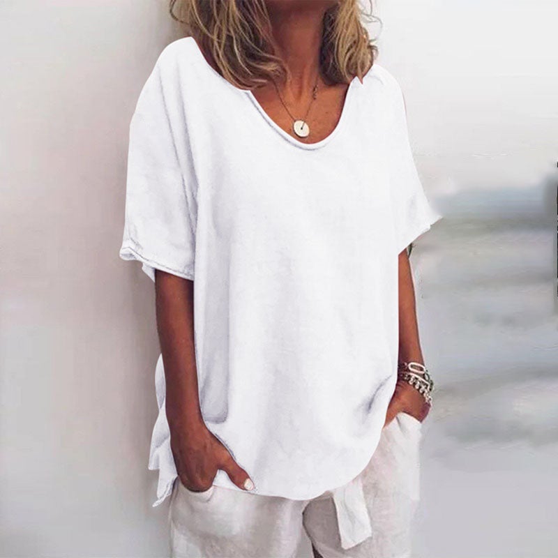 Front view of the Kathleen comfortable loose blouse in a neutral color, highlighting the soft fabric and casual design
