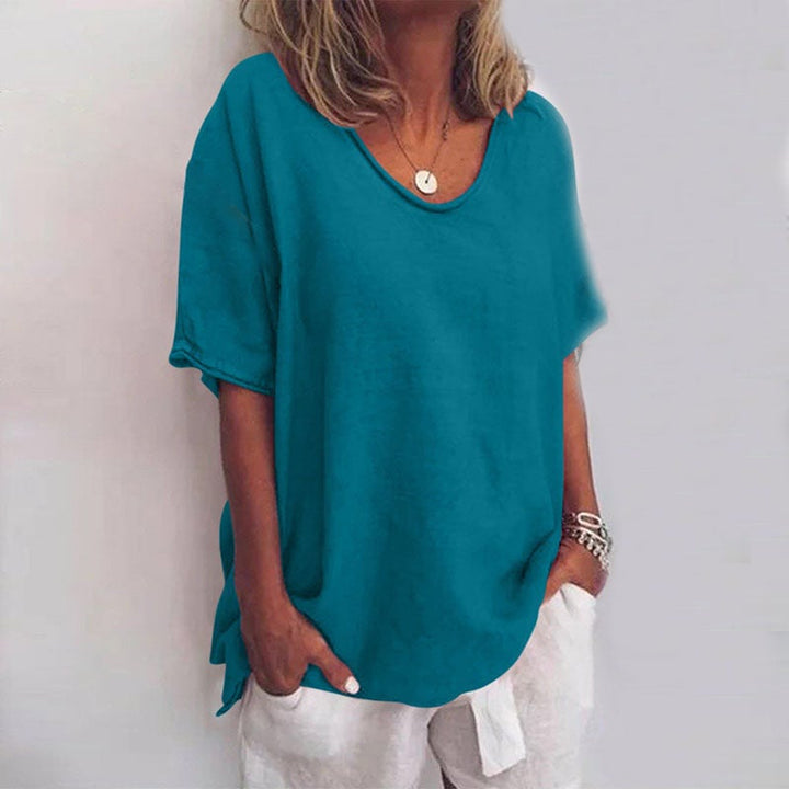 Kathleen comfortable loose blouse styled for a casual daytime outfit on a model