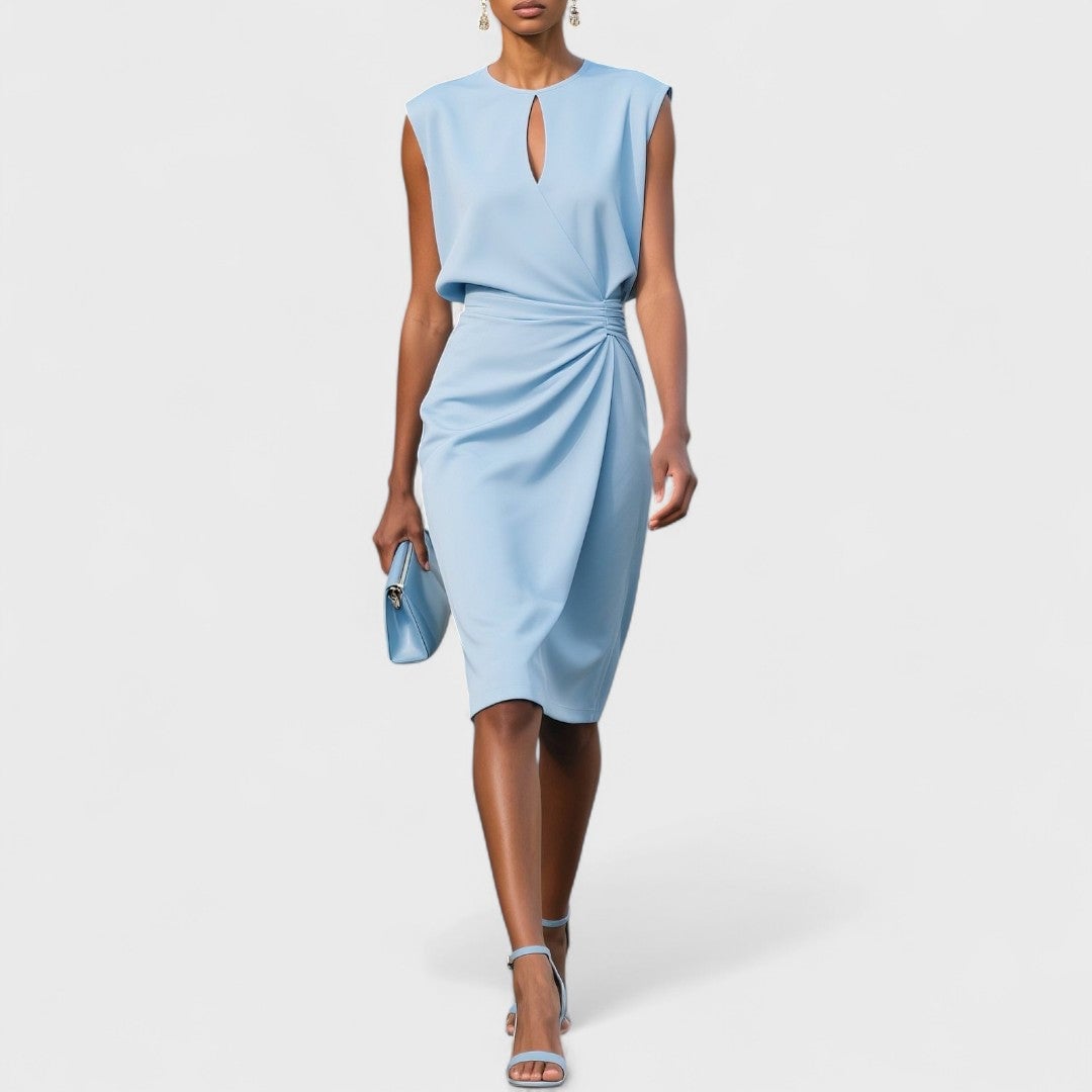 Model wearing the Kathy elegant classy dress in a graceful silhouette, front view