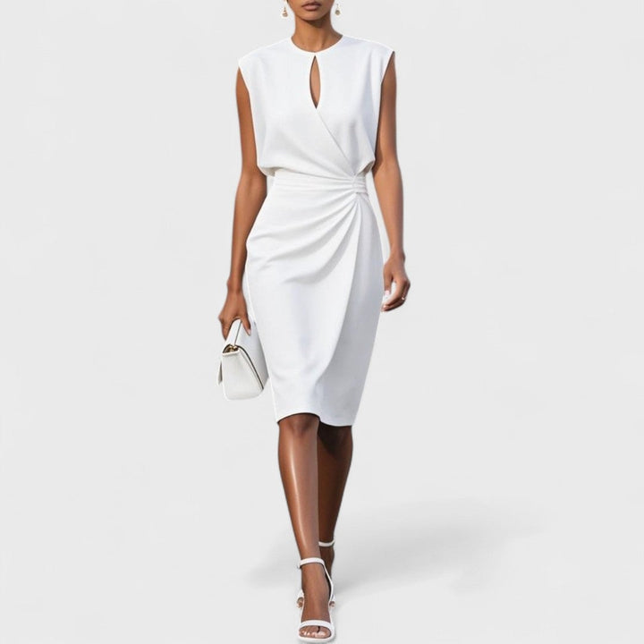 Close-up detail of the Kathy elegant classy dress showing refined detailing