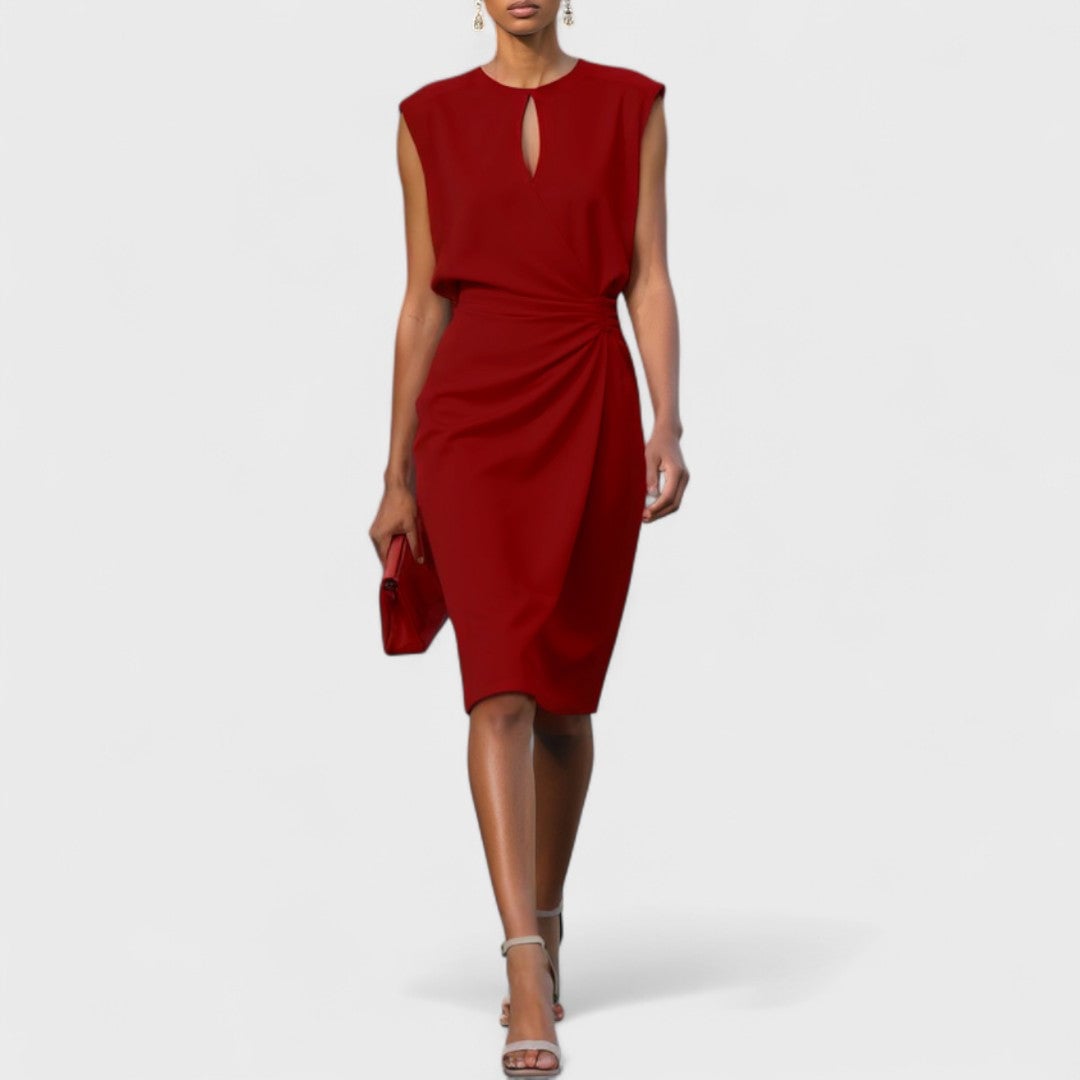Model wearing the Kathy elegant classy dress in sky blue color, full-body view
