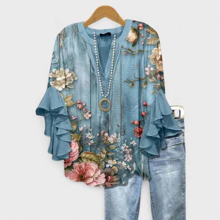 Kay lightweight day blouse in floral blue print, perfect for a fresh feminine spring look