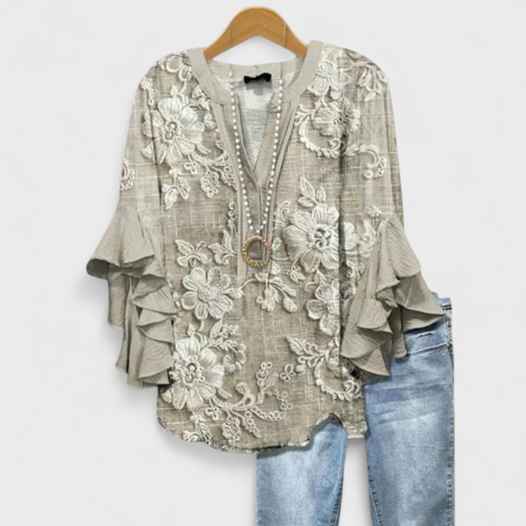 Kay lightweight day blouse in light brown on a model, showing relaxed silhouette and flattering drape
