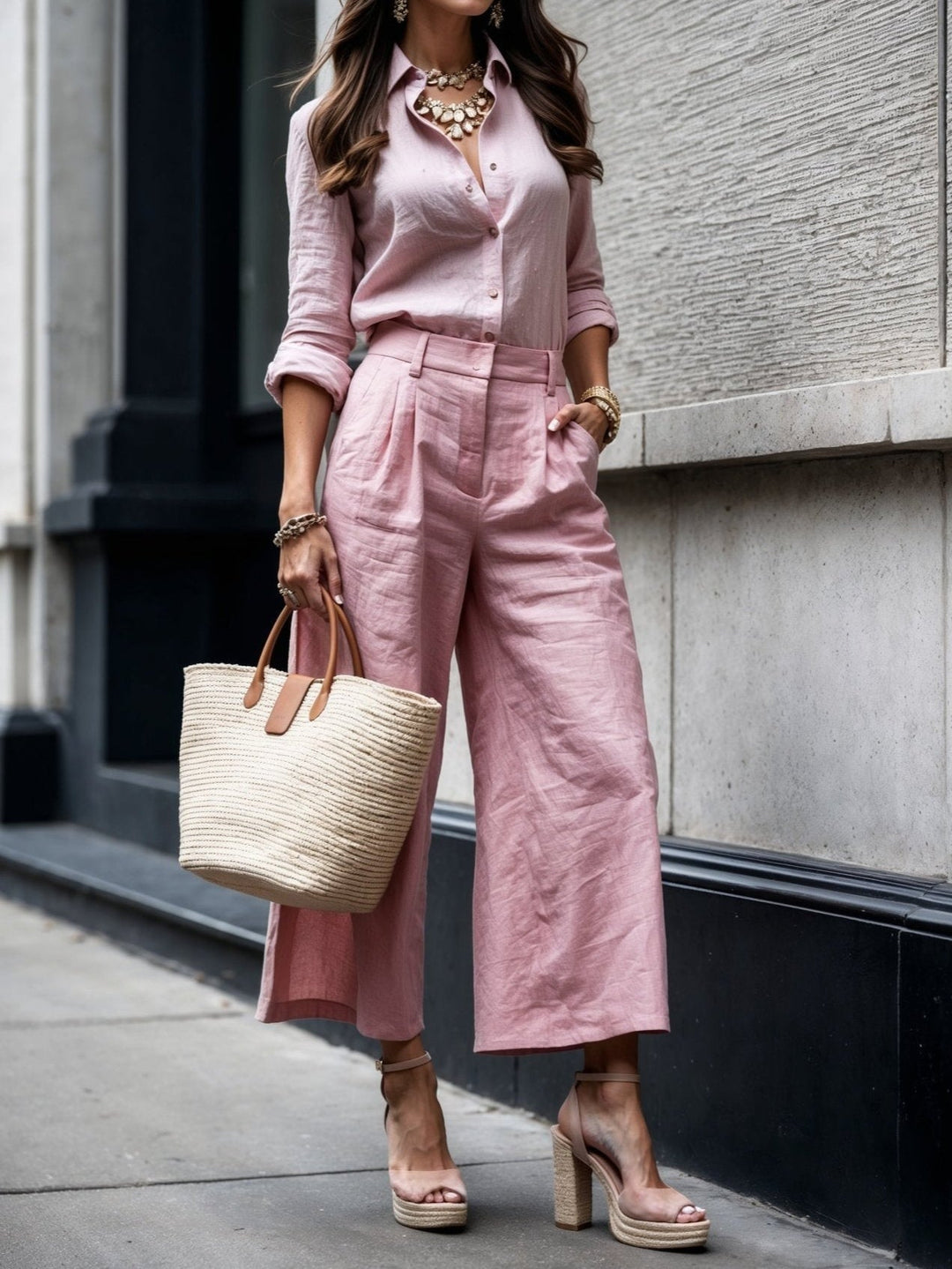 Woman wearing a coordinated loose shirt and capri pants set in a relaxed warm-weather style