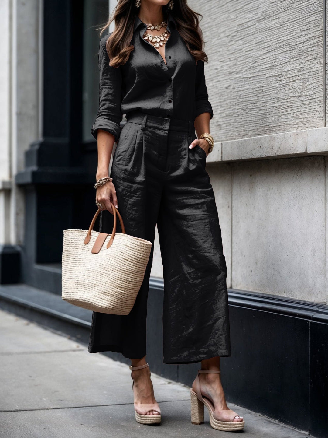 Side view of the two-piece capri and loose shirt set highlighting the flowing top and easy-cut pants