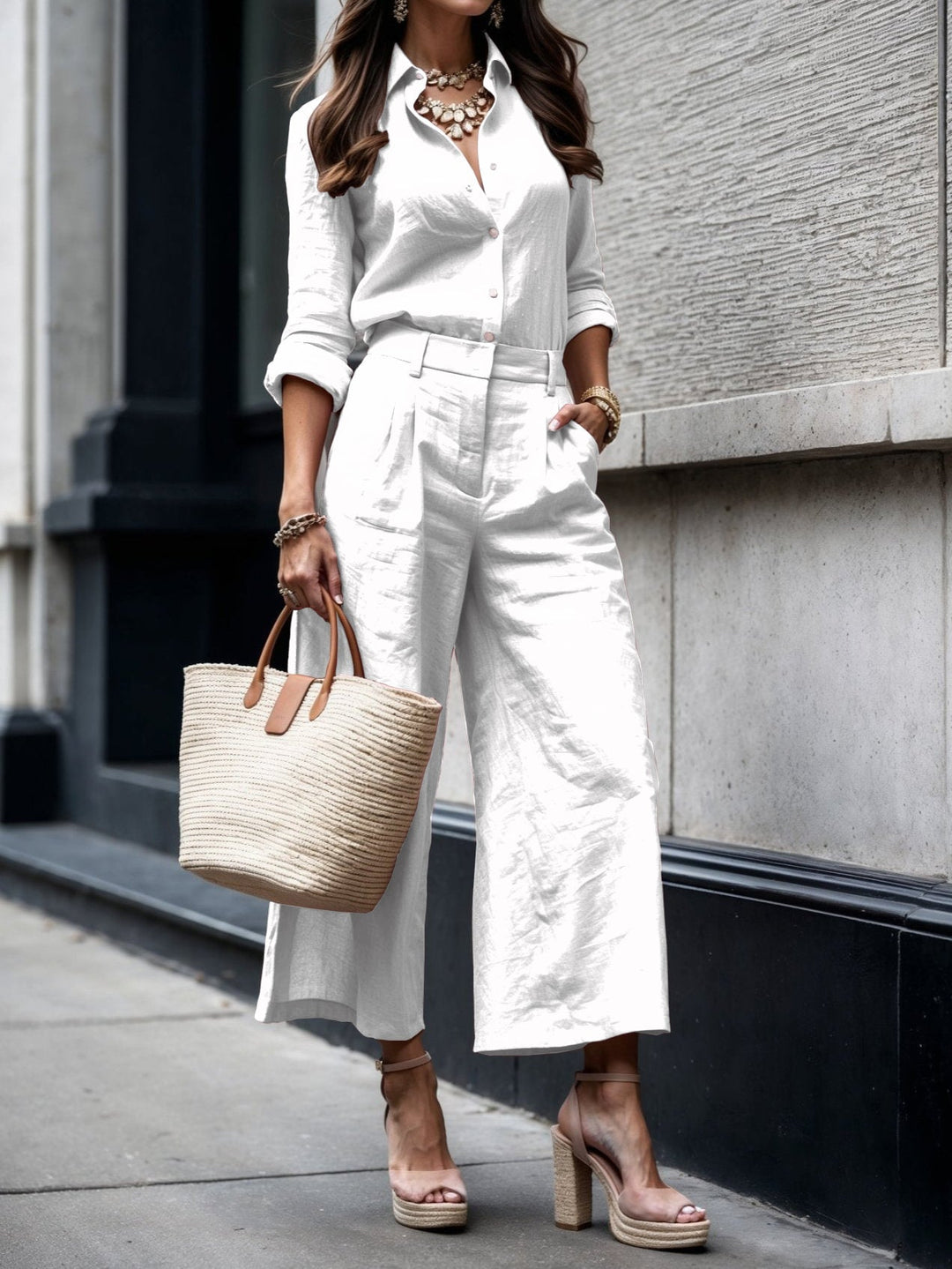 Full-length view of the coordinated capri pants and loose shirt set in a neutral colorway