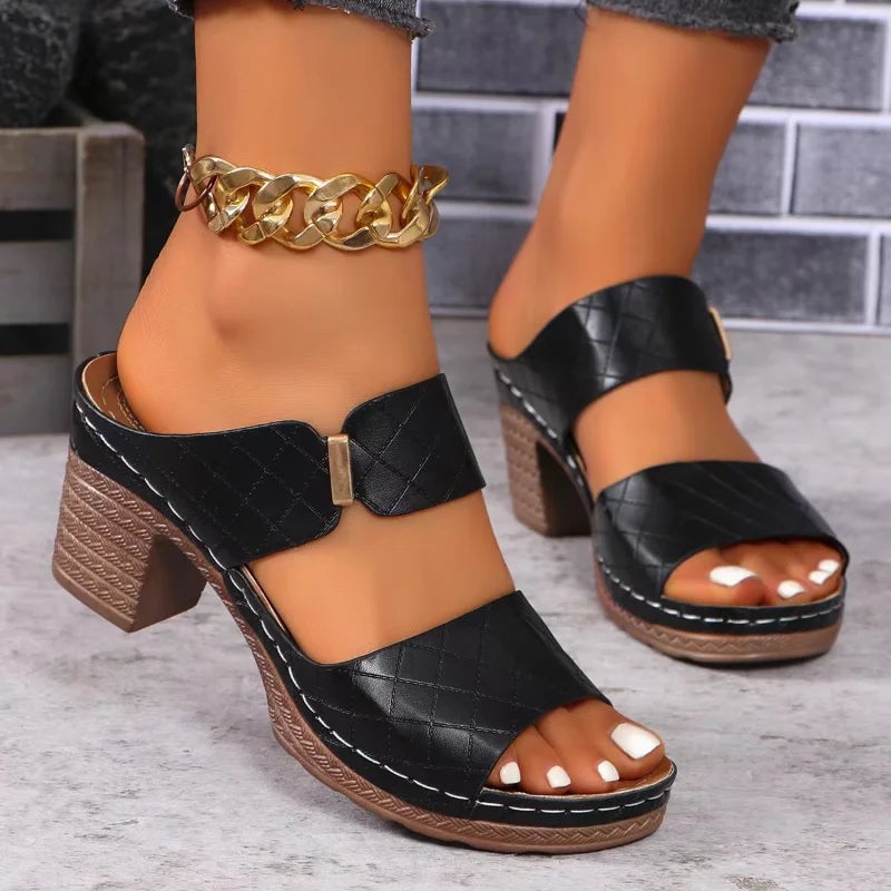 Black Keira arch support flat sandals, side profile view