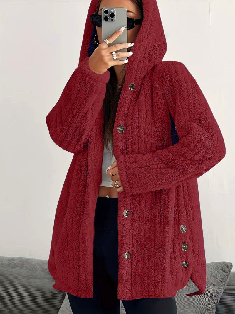 Front view of the Kendall hooded cardigan showing the roomy hood and flattering silhouette