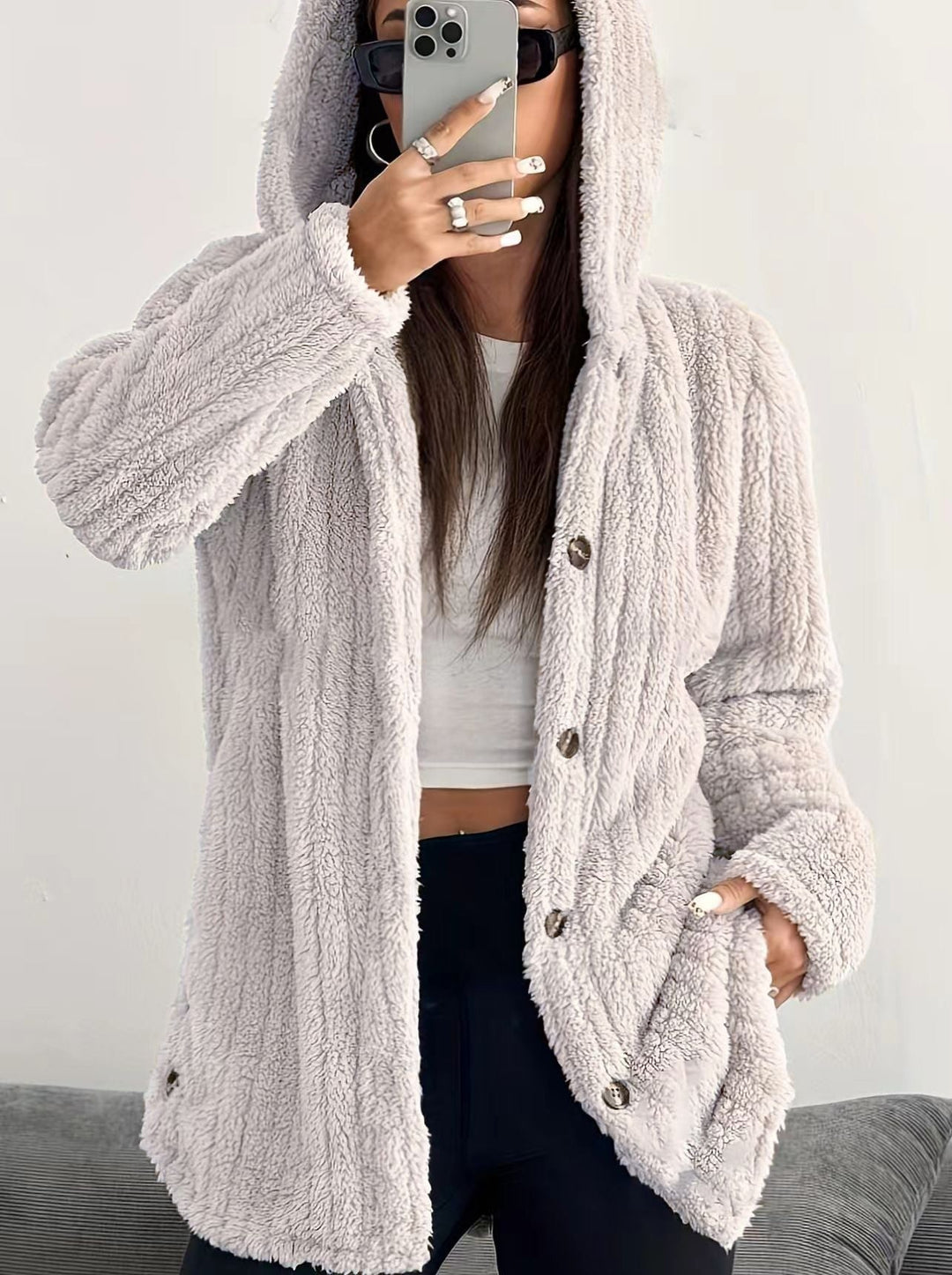 Close-up detail of the plush fabric texture on the Kendall hooded cardigan