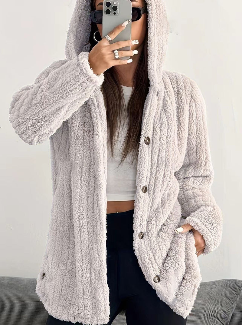 Close-up detail of the plush fabric texture on the Kendall hooded cardigan