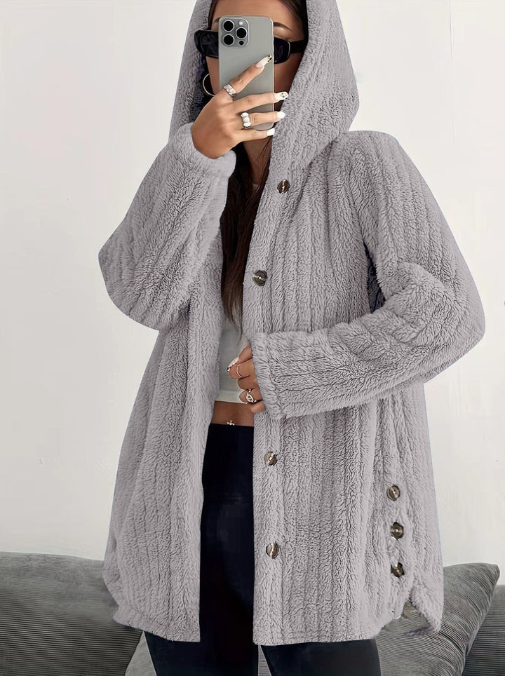 Side profile of the Kendall hooded cardigan highlighting the relaxed drape and fit