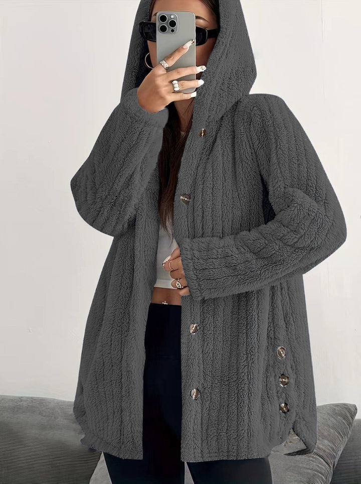 Kendall hooded cardigan in Pink colorway displayed on a model