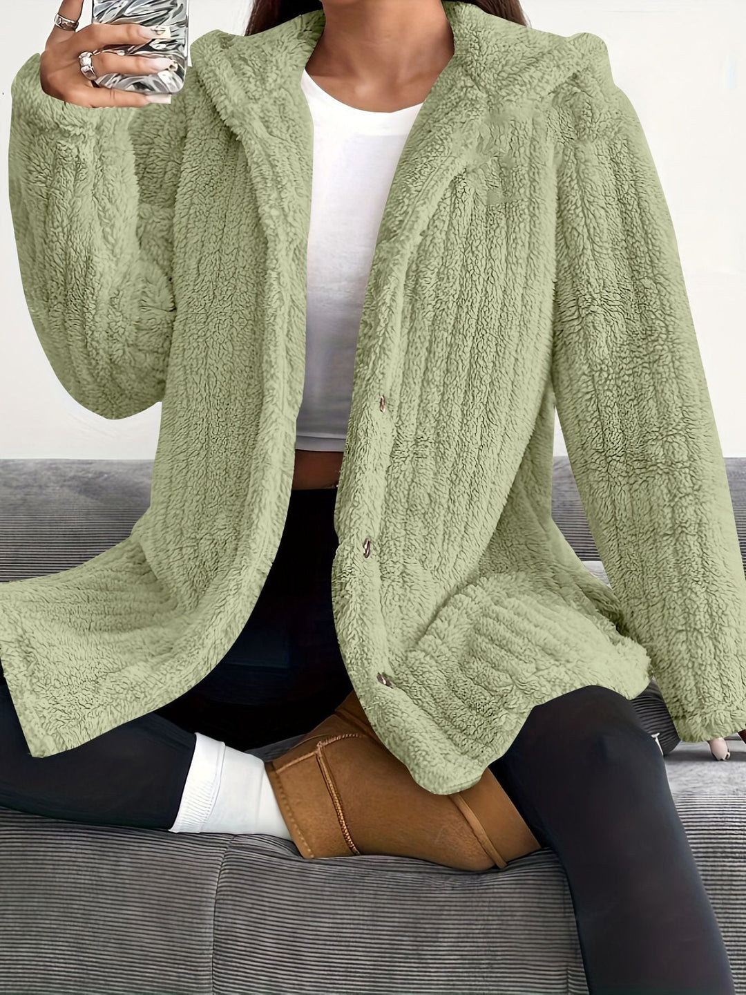 Kendall hooded cardigan in Black colorway showing the hood detail