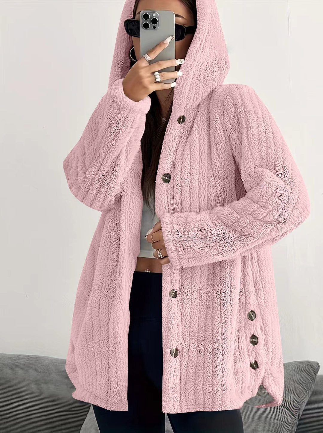 Full-length view of the Kendall hooded cardigan in Grey on a standing model