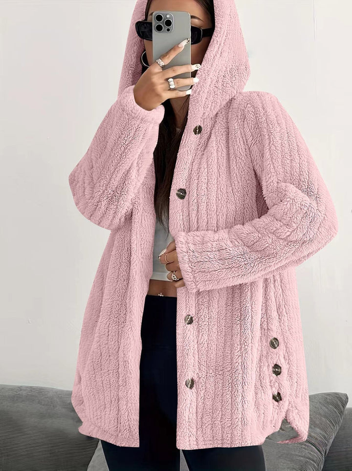 Full-length view of the Kendall hooded cardigan in Grey on a standing model