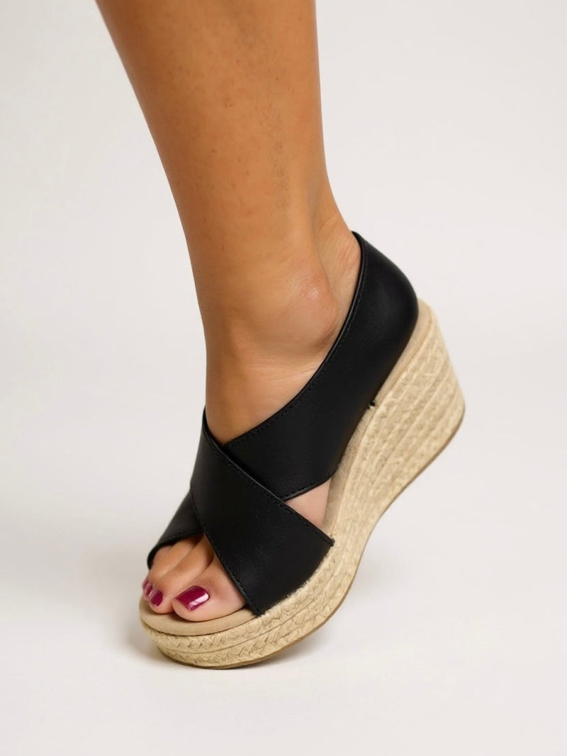 Close-up of the woven espadrille wedge base and cushioned insole on the Kendall sandal