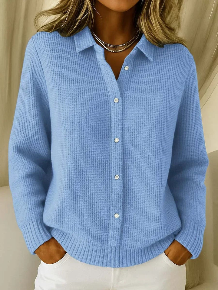 Woman wearing a soft, relaxed-fit Kennedy cardigan in a flattering silhouette, styled for everyday wear