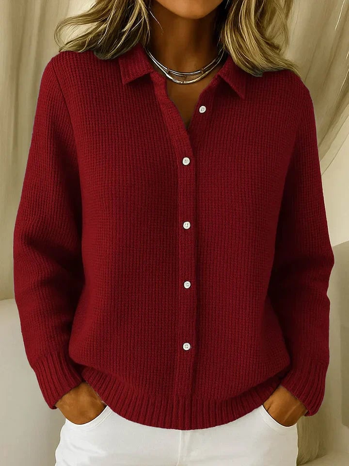 Kennedy cardigan styled over a casual outfit, available in blue, pink, dark red, and dark blue