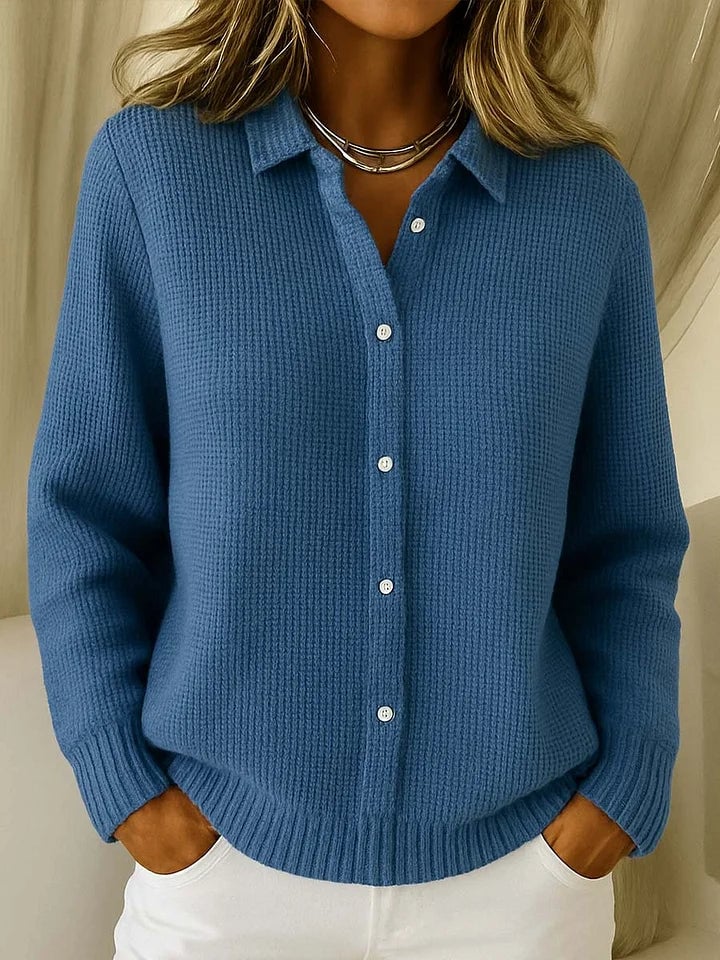Full-length view of the Kennedy cardigan layered over a polished look, ideal for work or weekends