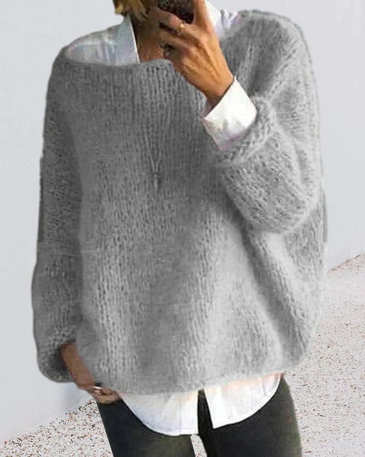 Front view of the Kerry knitted sweater showing relaxed fit and fine knit texture