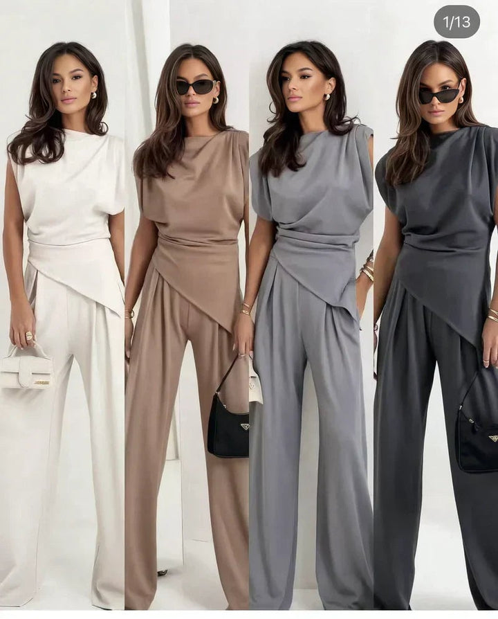 Front view of the Khloe two-piece set in white showing structured sleeveless top and tailored wide-leg trousers