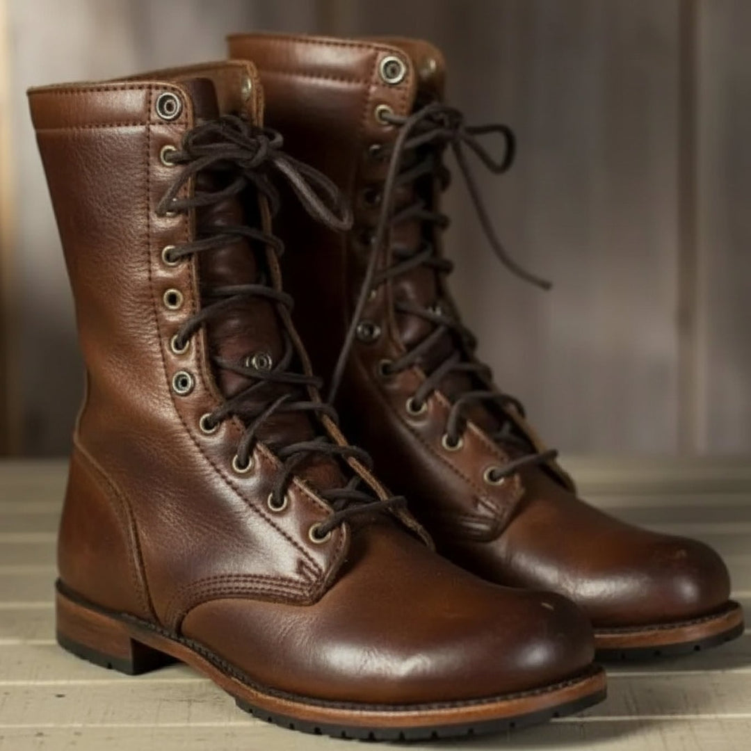 Women's lace-up boots in dark brown with structured silhouette and supportive sole, shown from the front