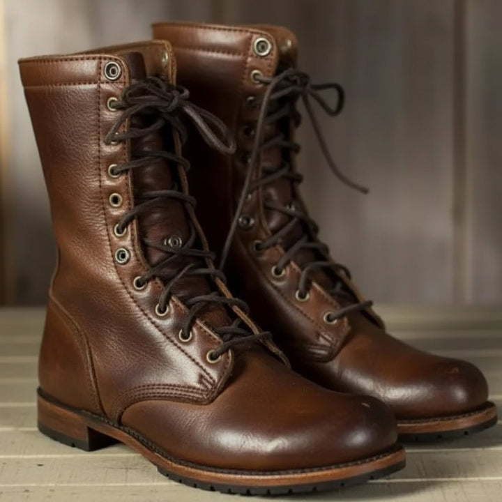 Women's lace-up boots in dark brown with structured silhouette and supportive sole, shown from the front
