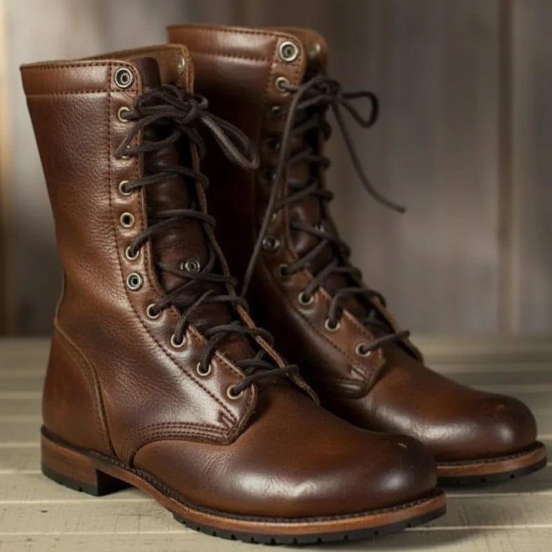 Women's lace-up boots in dark brown with structured silhouette and supportive sole, shown from the front
