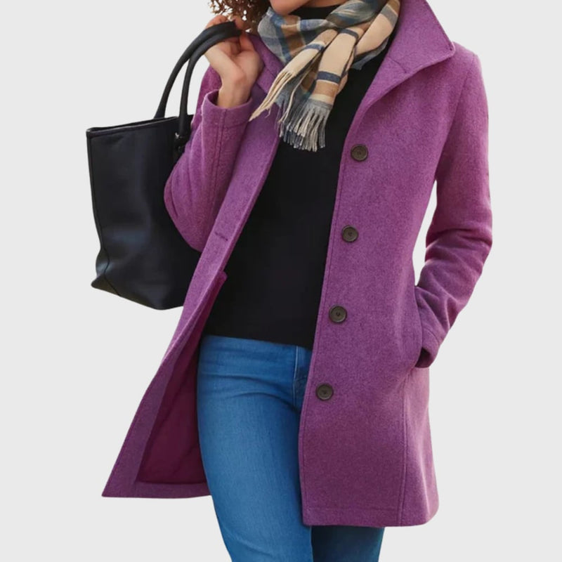 Front view of the Kimmy longline coat in purple with structured lapels and secure front closure