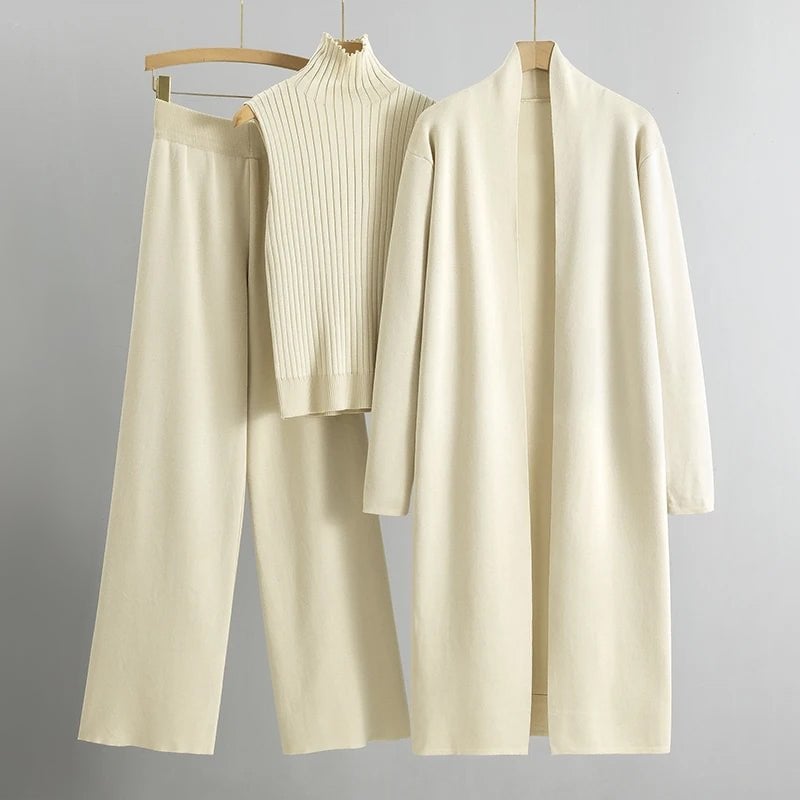 Front view of Krista three-piece set styled with accessories, showcasing the polished day-to-night look
