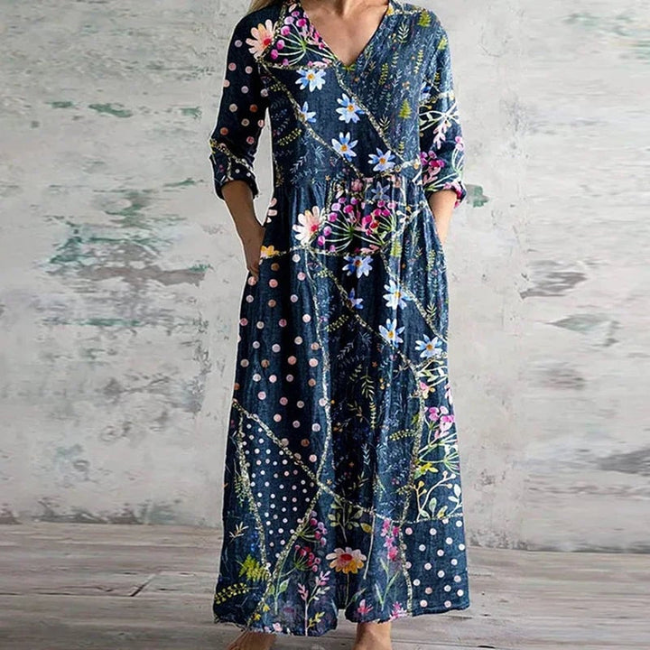 Close-up of vintage-inspired floral print on a lightweight breathable maxi dress