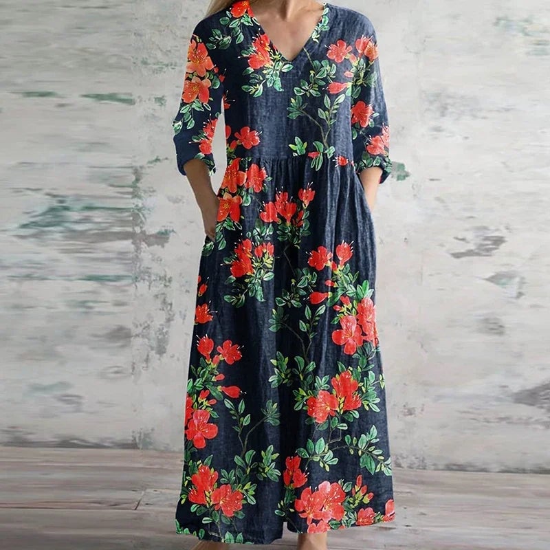 Retro floral maxi dress shown in multiple color options including beige and red