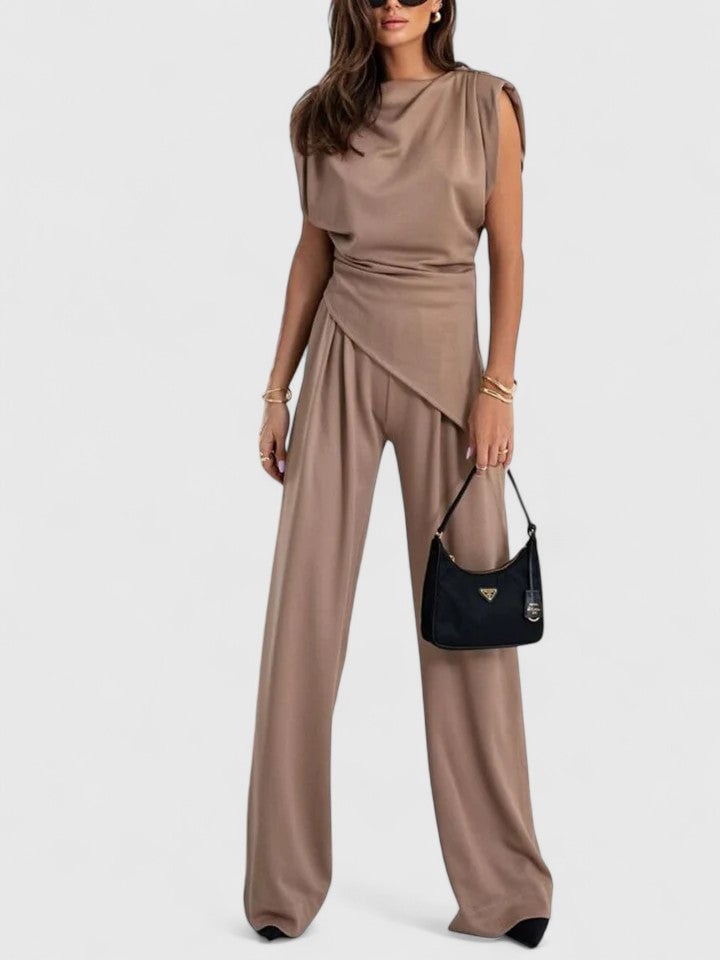 Front view of the Laiza draped set in peach showing floor-length wide-leg palazzo pants