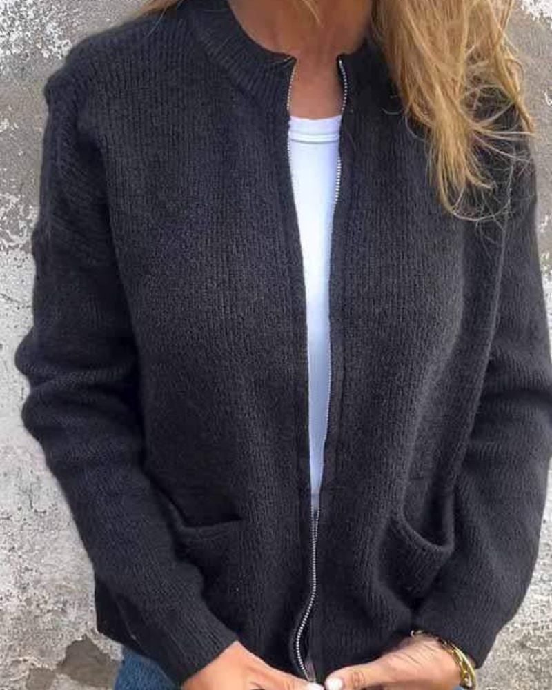 Close-up detail of the Lana everyday cardigan in gray showing fabric drape and fit