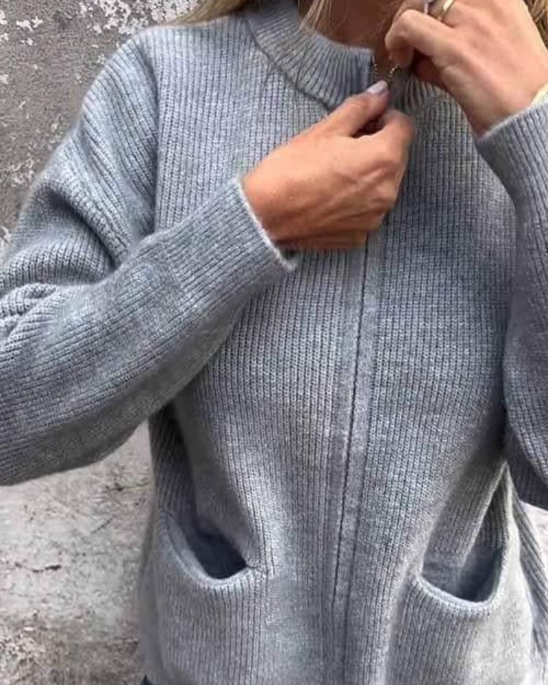 Side view of the Lana everyday cardigan in brown showing length and silhouette