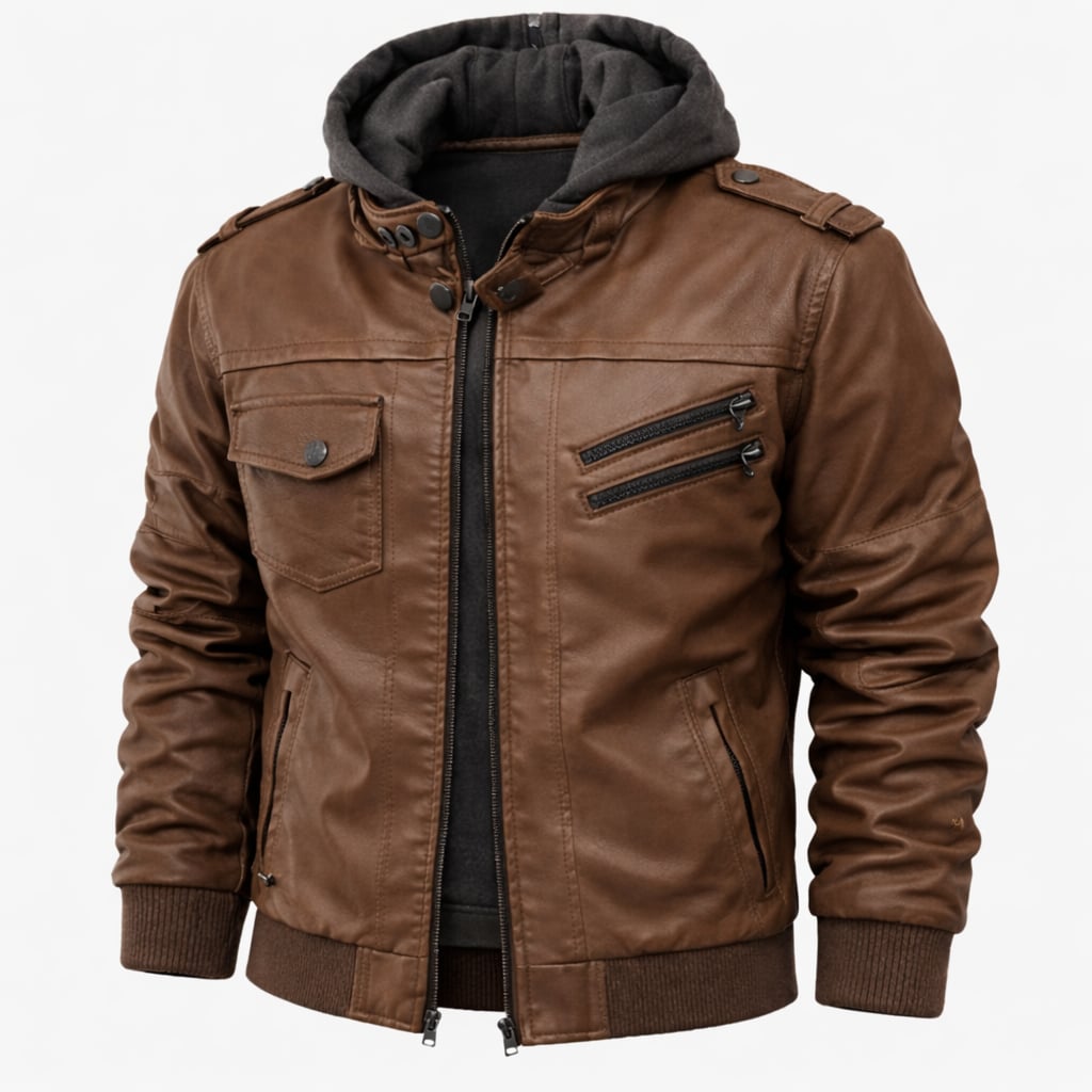Woman wearing a brown hooded jacket with detachable hood, tailored silhouette and ribbed cuffs, front view