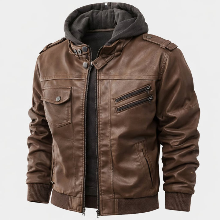 Woman styled in the brown hooded jacket over a casual outfit, showcasing versatile everyday wear