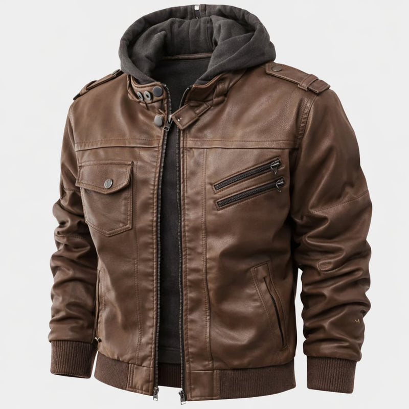 Woman styled in the brown hooded jacket over a casual outfit, showcasing versatile everyday wear