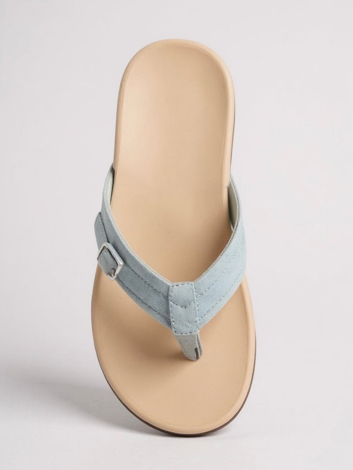 Lantana cushioned thong sandals in sky blue on a clean white background, front view