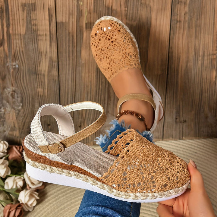 Lantana women's sandals in beige, side profile showing ergonomic arch support and breathable construction