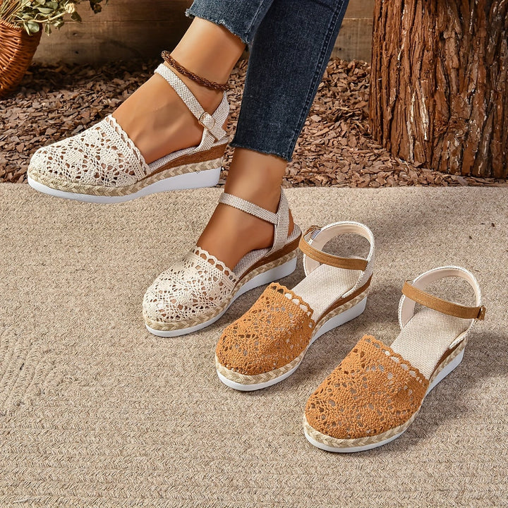 Lantana adjustable sandals in beige worn on feet, showcasing fit and casual everyday styling