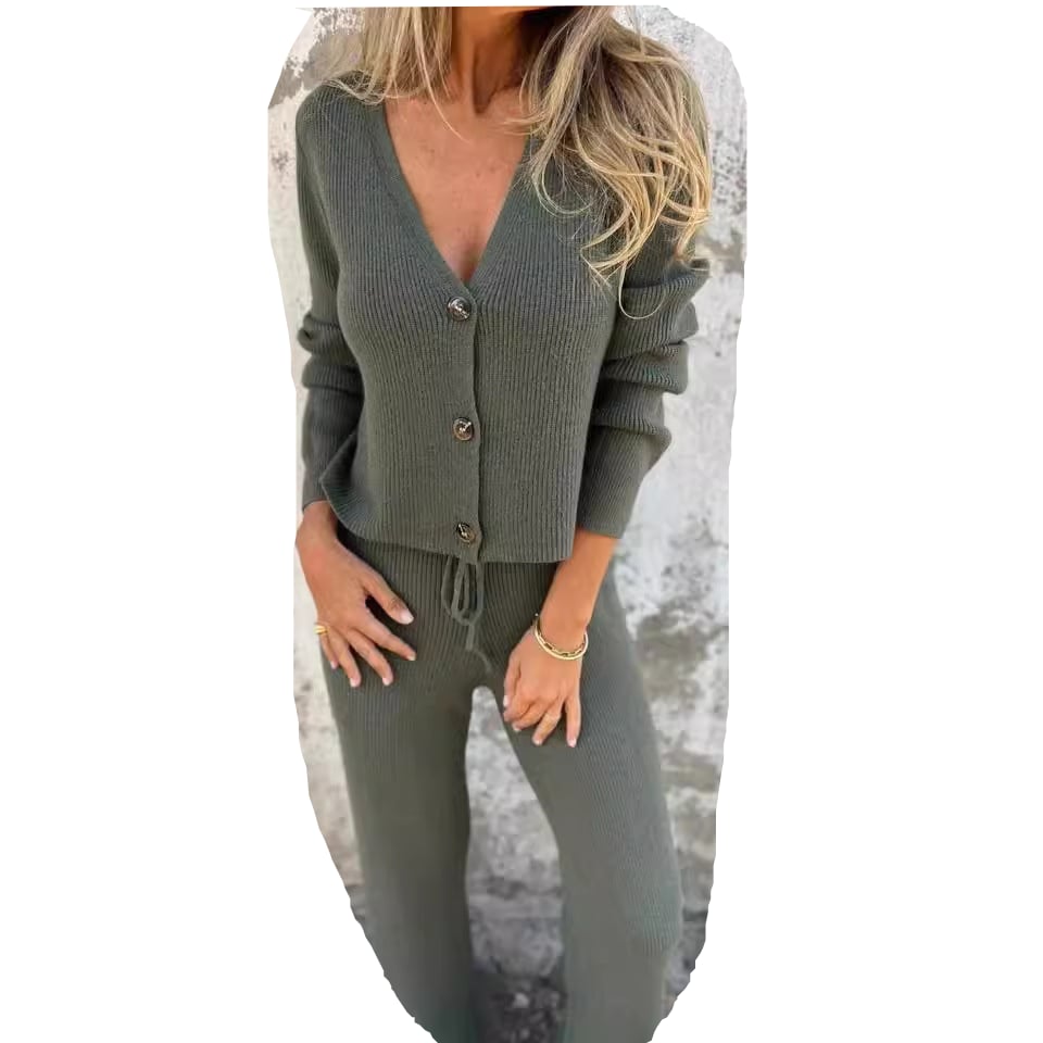 Flat lay of the Lara 2-piece cardigan set in all three color options: gray, black, and green