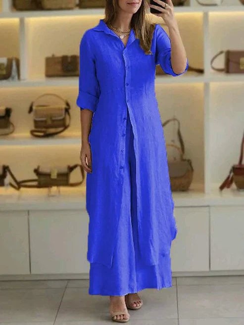 Woman wearing the Lara button-down maxi shirt dress with 3/4 sleeves and spread collar in a solid color