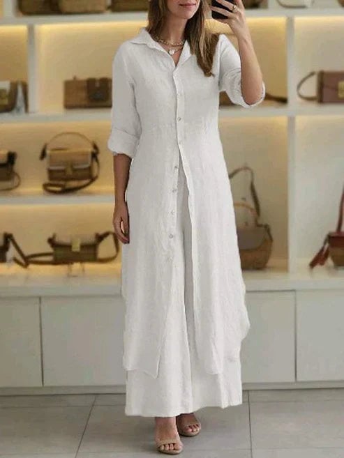 Front view of the Lara maxi shirt dress showing full-length button placket and flowing ankle-grazing hem