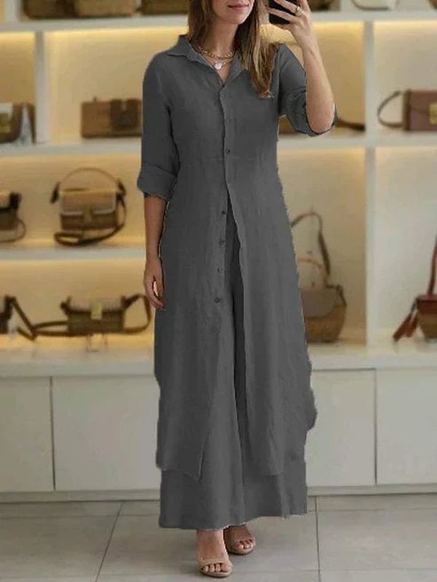 Close-up of the spread collar and top button detail on the Lara women's maxi shirt dress