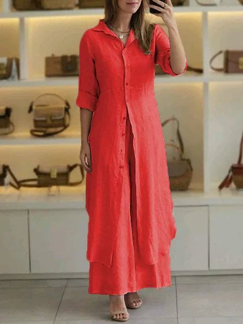 Woman styling the Lara maxi shirt dress with flat sandals for a casual daytime look