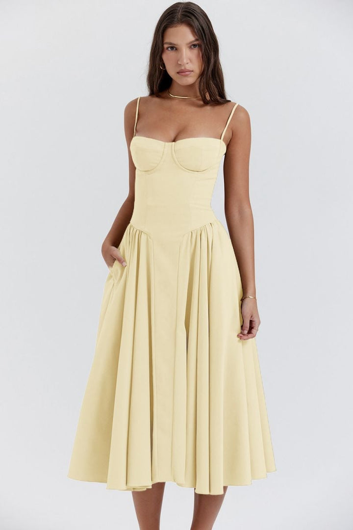 Woman wearing the Lark long tank-style maxi dress in a flattering silhouette, front view
